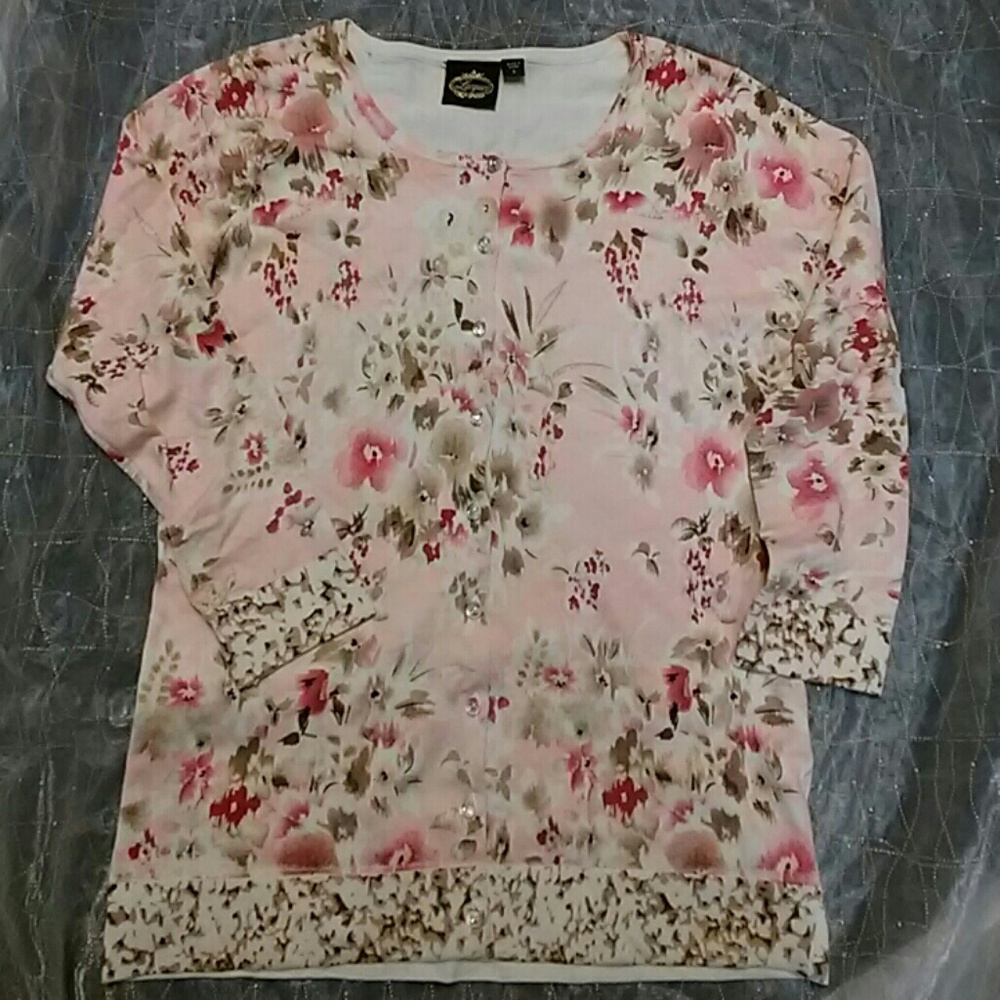 Floral Print Cardigan Silk-Cotton Blend Cardigan Sweater by Lacquer, Size Small